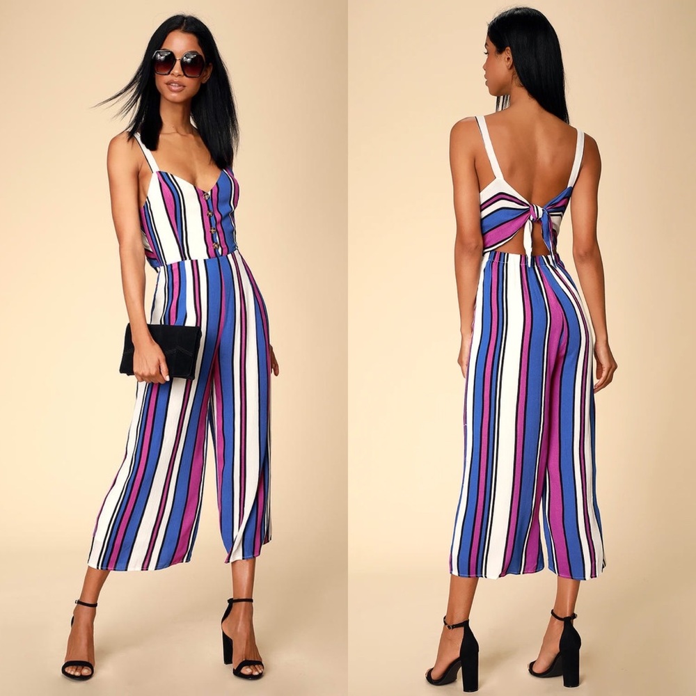 Lulus | Jessica Royal Blue and Magenta Striped Tie-Back Jumpsuit